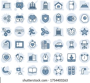 Blue tint and shade editable vector line icon set - shower vector, lock, train, alarm clock, christmas calendar, bow message, book, butterfly, sickle, heart, molecule, shield, hand, three leafs, run