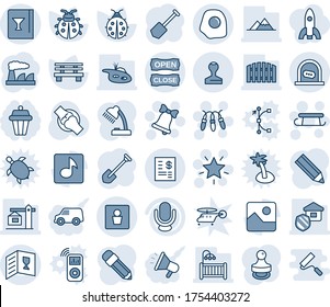 Blue tint and shade editable vector line icon set - ticket office vector, male wc, stamp, garland, christmas star, bell, sleigh, job, factory, lady bug, bench, joint, microphone, gallery, music, car