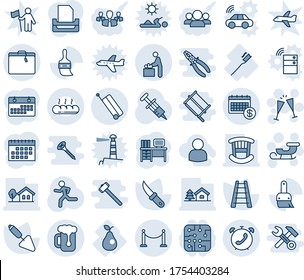 Blue tint and shade editable vector line icon set - fence vector, suitcase, phone alarm, baby room, sleigh, wine glasses, desk, trowel, ladder, garden knife, syringe, run, tooth brush, pear, themes