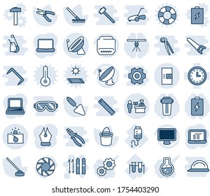 Blue Tint And Shade Editable Vector Line Icon Set - Satellite Antenna Vector, Passport Control, Coffee Machine, Terrorism, Ski, Notebook Pc, Trowel, Rake, Bucket, Pruner, Hoe, Vial, Drop Counter