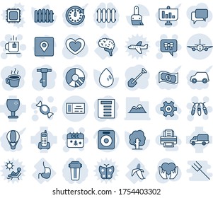 Blue tint and shade editable vector line icon set - ticket vector, plane, garland, christmas calendar, candy, tea, bow message, tie, document, job, circle chart, fence, tree, water drop, heart, hand