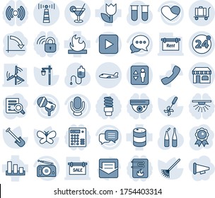 Blue tint and shade editable vector line icon set - antenna vector, 24 around, elevator, shop, plane, baggage, medal, document search, crisis graph, shovel, rake, butterfly, garden light, ripper
