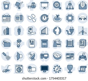 Blue tint and shade editable vector line icon set - manager vector, office building, hierarchy, presentation board, coffee, document, calendar, factory, garden fork, lawn mower, seeds, pond, virus