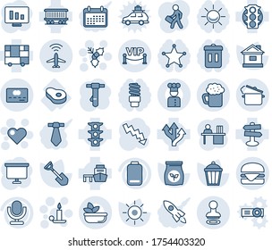 Blue tint and shade editable vector line icon set - plane radar vector, stamp, heart, candle, holly, tie, presentation board, crisis graph, statistic monitor, shovel, house, sun, garden light, meat