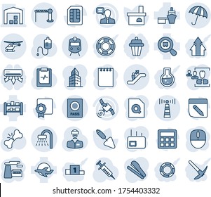 Blue tint and shade editable vector line icon set - antenna vector, barrier, train, umbrella, escalator, passport, shower, helicopter, mouse, notepad, factory, trowel, fireplace, syringe, dropper