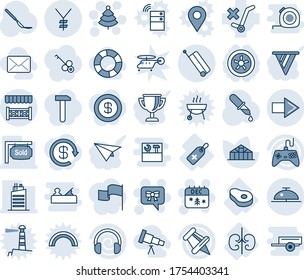 Blue tint and shade editable vector line icon set - suitcase vector, right arrow, client bell, christmas tree, calendar, bow message, greenhouse, dropper, scalpel, medical label, meat, kidneys, yen