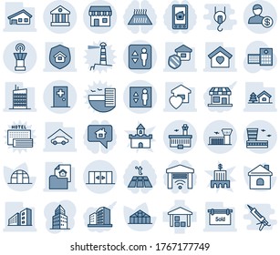 Blue Tint And Shade Editable Vector Line Icon Set - Elevator Vector, Airport Building, Tower, Automatic Doors, Duty Free, First Aid Room, House, Greenhouse, Hospital, Warehouse, Bank, Account, Tree