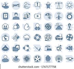 Blue tint and shade editable vector line icon set - plane radar vector, bomb in case, bed, runway, parking sign, contract, water drop, pond, patient, blood test, route, important flag, reel, antenna