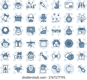 Blue tint and shade editable vector line icon set - flight table vector, firework, gift, bow, santa claus, christmas sock, ball, garland, landscape, bell, gloves, calendar, deer, rocket, wreath, hat