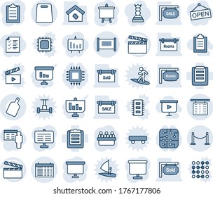 Blue tint and shade editable vector line icon set - fence vector, flight table, schedule, presentation board, meeting, clipboard, clapboard, sale, rooms, sold signboard, smart home, cutting, chip