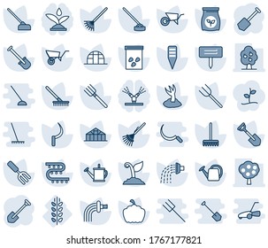 Blue tint and shade editable vector line icon set - job vector, garden fork, shovel, farm, rake, watering can, wheelbarrow, sproute, hoe, sickle, plant label, pumpkin, greenhouse, seeds, fertilizer