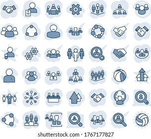Blue tint and shade editable vector line icon set - handshake vector, hierarchy, pedestal, team, patient, basketball ball, group, user, company, hr, meeting, client search, gear, social, friends