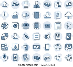 Blue tint and shade editable vector line icon set - right arrow vector, mobile phone, identity card, document, syringe, important flag, cash, tracking, cell, camera, user, download, application