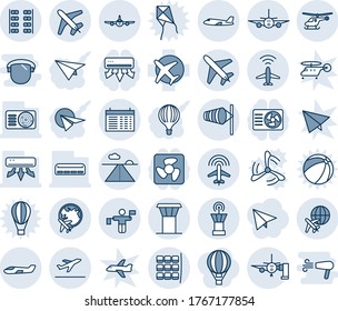 Blue tint and shade editable vector line icon set - plane vector, airport tower, radar, departure, wind, helicopter, seat map, globe, traffic controller, runway, boarding passengers, small, seats