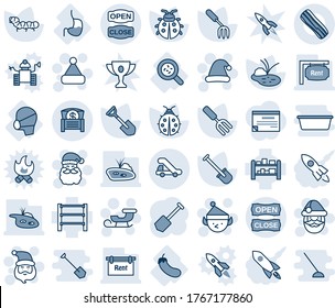 Blue tint and shade editable vector line icon set - trap truck vector, santa claus, christmas hat, sleigh, elf, job, garden fork, shovel, lady bug, caterpillar, pond, bacteria, stomach, medical mask