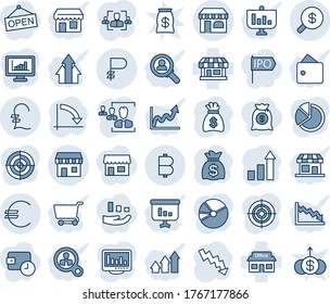 Blue tint and shade editable vector line icon set - shop vector, duty free, growth statistic, money bag, crisis graph, store, euro, pound, bitcoin, ruble, search, monitor statistics, pie, hr, target