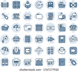 Blue tint and shade editable vector line icon set - umbrella vector, shop, checkroom, 24 hours, automatic doors, insurance, book, store, container, package, mail, fast forward, scanner, money chest