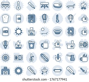 Blue tint and shade editable vector line icon set - coffee machine vector, tea, fire, fireplace, thermometer, sun, air conditioner, bread, steak, hot dog, bowl, turkish, water heater, balloon, green