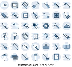 Blue tint and shade editable vector line icon set - safe vector, parking sign, job, saw, hoe, garden knife, implant, cargo container, paper clip, dish, work, piston, hammer, sledgehammer, bucksaw