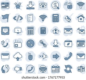 Blue tint and shade editable vector line icon set - phone vector, right arrow, mail, mouse, calendar, call, update, download, wireless, money click, calculator, home, cursor browser, monitor, link