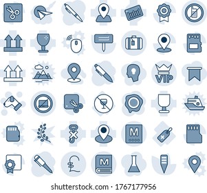 Blue tint and shade editable vector line icon set - no mobile vector, laptop, vip, suitcase, dog, pen, stamp, plant label, medical, alcohol sign, navigation, pin, fragile, up side, hook, barcode, sd