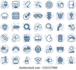 Blue tint and shade editable vector line icon set - clouds vector, snowmobile, pennant, statistic monitor, water drop, bench, dropper, broken bone, lemon slice, traffic light, low battery, themes