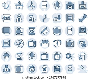 Blue tint and shade editable vector line icon set - alarm clock vector, tv, abacus, money bag, well, sickle, video camera, microphone, call, chest, encashment, account history, office phone, horn