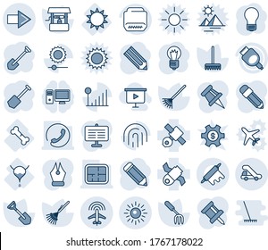 Blue tint and shade editable vector line icon set - right arrow vector, plane radar, trap truck, sun, bulb, job, pencil, garden fork, shovel, rake, well, bladder, broken bone, satellite, hdmi, plan