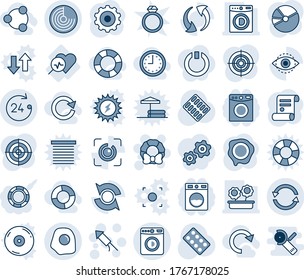 Blue tint and shade editable vector line icon set - washer vector, 24 hours, radar, firework rocket, christmas wreath, gear, stamp, contract, pills blister, heart diagnosis, update, eye id, exchange
