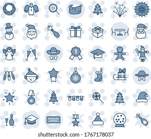 Blue tint and shade editable vector line icon set - cafe vector, christmas tree, firework, gift, santa claus, sock, ball, garland, star, cake man, snowman, lollipop, hat, wreath, angel, wine, sleigh