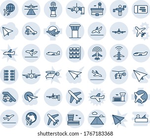 Blue tint and shade editable vector line icon set - plane vector, airport tower, runway, radar, departure, arrival, ticket, ladder car, boarding, seat map, globe, building, traffic controller, small