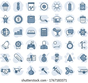 Blue tint and shade editable vector line icon set - taxi vector, christmas tree, tie, wheelbarrow, seeds, syringe, thermometer, hospital building, floor scales, three leafs, onion, pulse clipboard