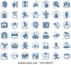 Blue tint and shade editable vector line icon set - dispatcher vector, reception, elevator, officer window, santa claus, cake man, manager, speaking, pedestal, team, run, doctor, pull ups, support