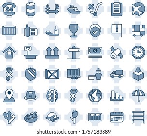 Blue tint and shade editable vector line icon set - route vector, signpost, navigation, earth, important flag, plane, satellite, cash, traffic light, office phone, 24 hours, sea shipping, clock