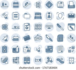 Blue tint and shade editable vector line icon set - satellite antenna vector, escalator, signpost, down, sign post, hotel, identity card, book, pen, document, reload, barcode, radio phone, sim, news