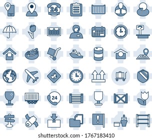 Juego de iconos de línea de vector editable de tonos azules y sombras - vector de plano, equipaje, señalización, navegación, tierra, bandera importante, satélite, 24 horas, soporte, cliente, seguimiento móvil, envío marítimo, reloj