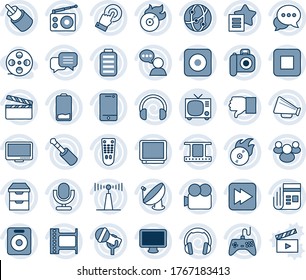 Blue tint and shade editable vector line icon set - tv vector, satellite antenna, clapboard, film frame, flame disk, camera, microphone, radio, news, loudspeaker, gamepad, video, remote control, low
