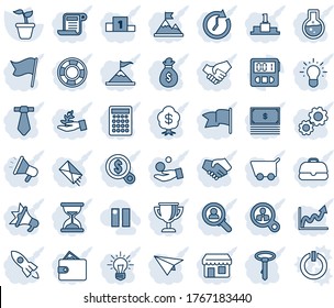 Blue tint and shade editable vector line icon set - seedling vector, stopwatch, pause, consumer search, gear, palm sproute, motivation, rocket, handshake, wallet, money bag, clock, growth graph, tie