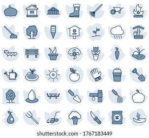 Blue tint and shade editable vector line icon set - flower in pot vector, trowel, garden fork, shovel, farm, ripper, rake, seedling, tree, watering can, wheelbarrow, bucket, glove, boot, lawn mower