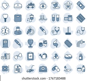 Tinta azul y sombra editable conjunto de iconos de línea vector - vector desactivado, sala médica, bebé, rastrillo, lata de riego, cortadora de césped, caso médico, diagnóstico, estetoscopio, presión sanguínea, vial de ensayo, cuentagotas, coche