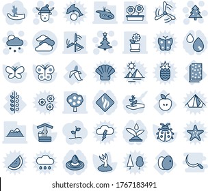 Blue tint and shade editable vector line icon set - clouds vector, christmas tree, snowfall, deer hat, sproute, butterfly, lady bug, well, apple, banana, spica, eggs, breads, pond, windmill, fruit