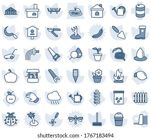Blue tint and shade editable vector line icon set - flower in pot vector, trowel, fence, rake, seedling, watering can, bucket, sproute, pruner, glove, boot, saw, lawn mower, lady bug, fire, house