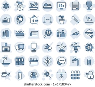 Blue tint and shade editable vector line icon set - fence vector, arrival, baggage conveyor, plane globe, airport building, passport control, santa claus, lollipop, office, statistic monitor, vial