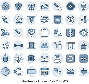 Blue tint and shade editable vector line icon set - radar vector, recieptionist, firework, wine, trowel, seedling, garden sprayer, barbell, first aid room, tonometer, three leafs, cargo container