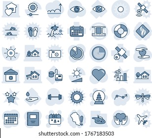 Blue tint and shade editable vector line icon set - sun vector, radar, christmas calendar, snowball tree, heart, barbell, hand, eye, tonometer, drop, satellite, term, film frame, brightness, pond