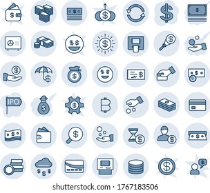 Blue tint and shade editable vector line icon set - safe vector, dollar sign, bitcoin, coin, exchange, cash, big, money rain, credit card, insurance, sun, smile, atm, search, account, bag, pay, ipo