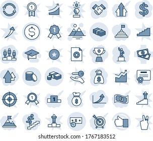 Blue tint and shade editable vector line icon set - mountains vector, dollar sign, pedestal, money bag, cash, finger up, coin, exchange, handshake, graduate hat, target, arrow graph, motivation, cup
