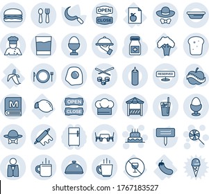 Blue tint and shade editable vector line icon set - hot cup vector, spoon and fork, plate, lollipop, cake, sickle, plant label, pills bottle, diet, list, lemon, no alcohol sign, banana, eggplant