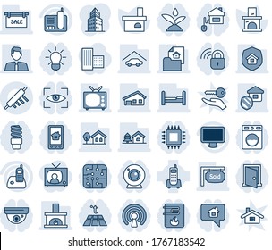 Blue tint and shade editable vector line icon set - fireplace vector, office phone, monitor, radio, building, house with garage, tree, estate document, sale, sold signboard, agent, bedroom, tv, chip