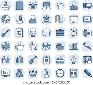 Blue tint and shade editable vector line icon set - reception vector, office building, pedestal, team, desk, pen, notebook pc, notepad, money bag, presentation board, coffee, brainstorm, job, phone